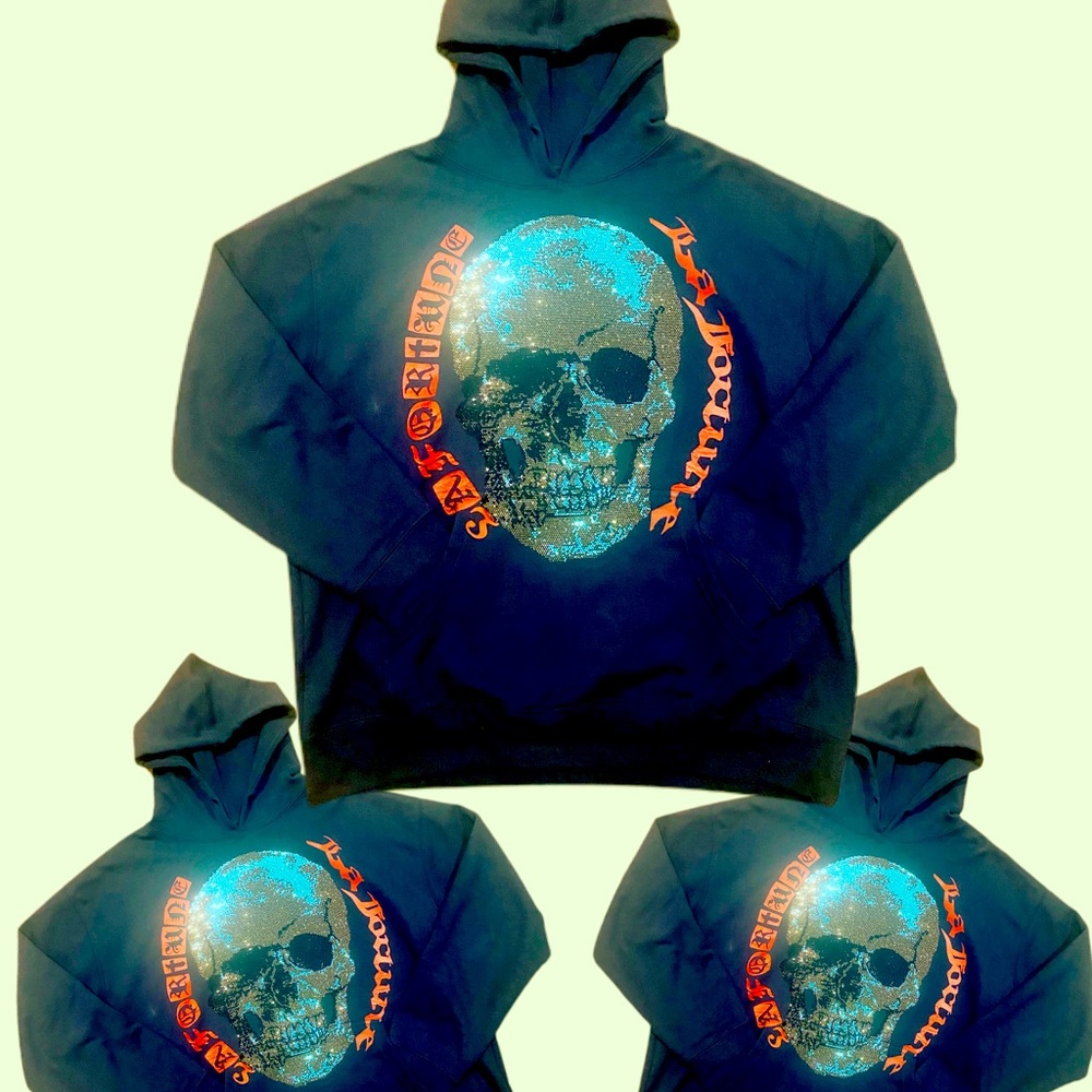 garment is a custom 100% cotton heavyweight rhinestone/vinyl pullover hoodie